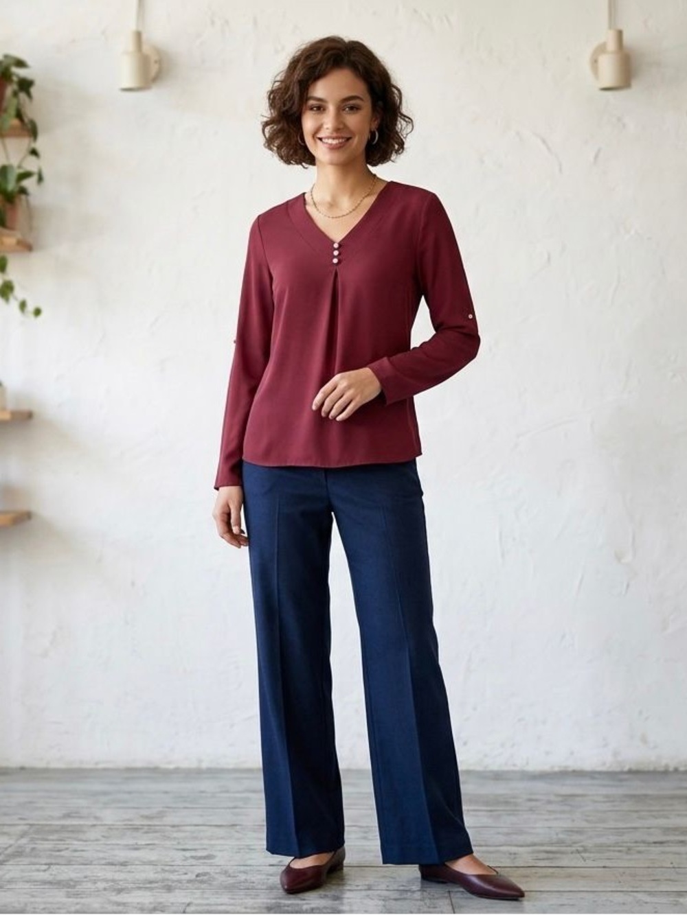 V-Neck Long Sleeve Blouse in Wine